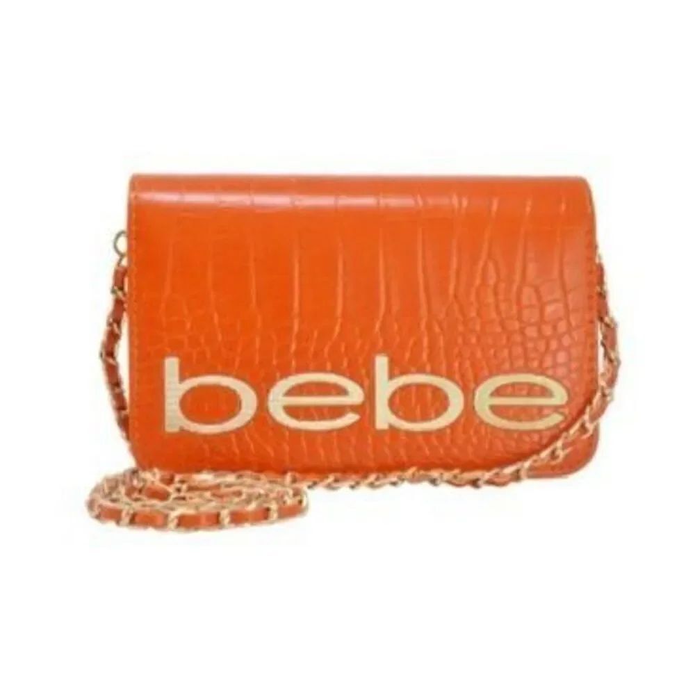 Bebe Leona Fabiola Croco Stamped Vegan Leather Logo Crossbody Clutch Bag Orange